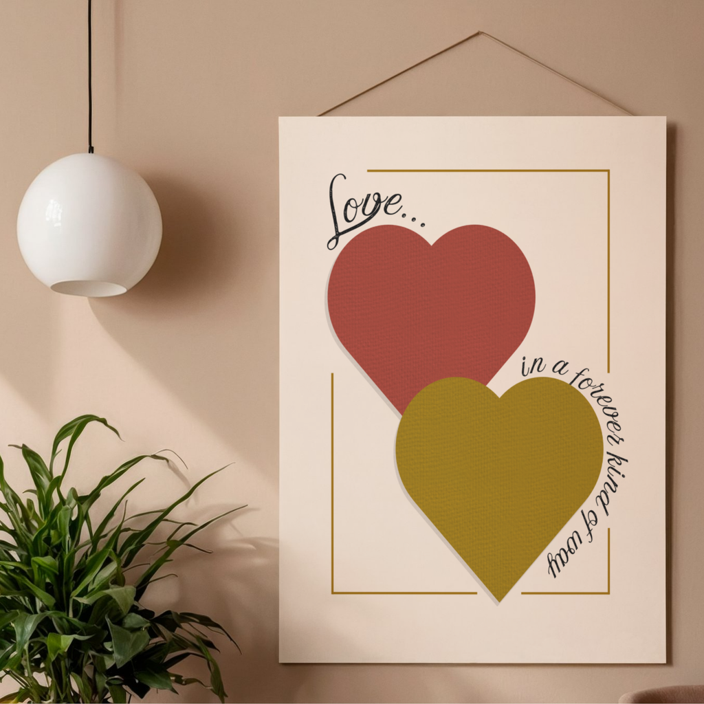 Hanging Love Forever digital wall art print with two hearts in red and gold on a beige wall.