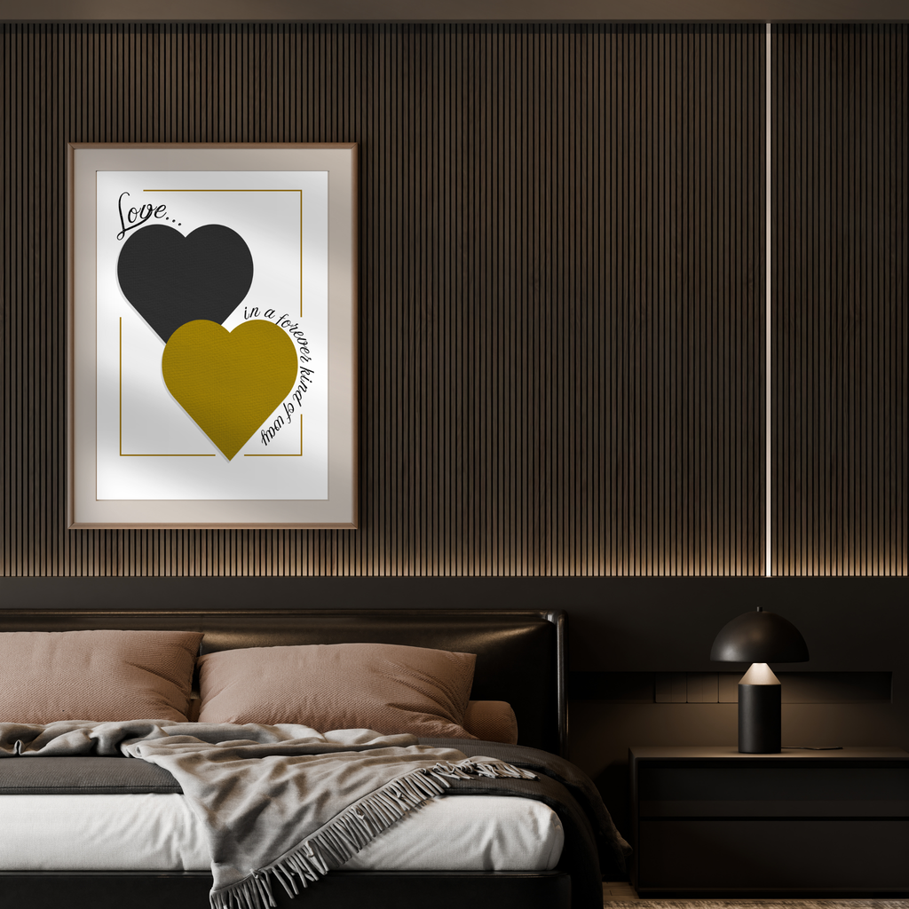 Modern bedroom with a framed Love Forever artwork of two hearts in black and gold on a dark wall.