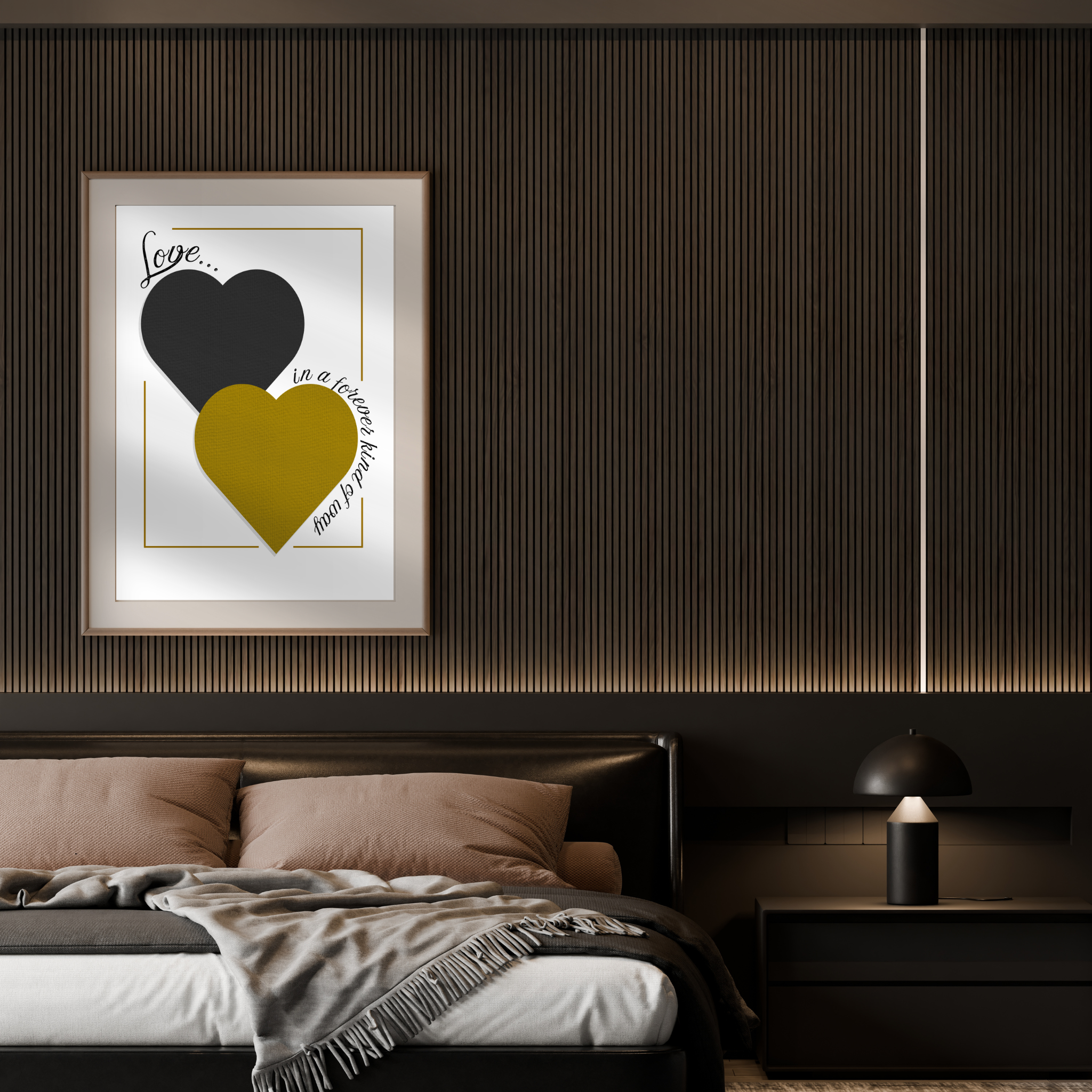 Modern bedroom with a framed Love Forever artwork of two hearts in black and gold on a dark wall.
