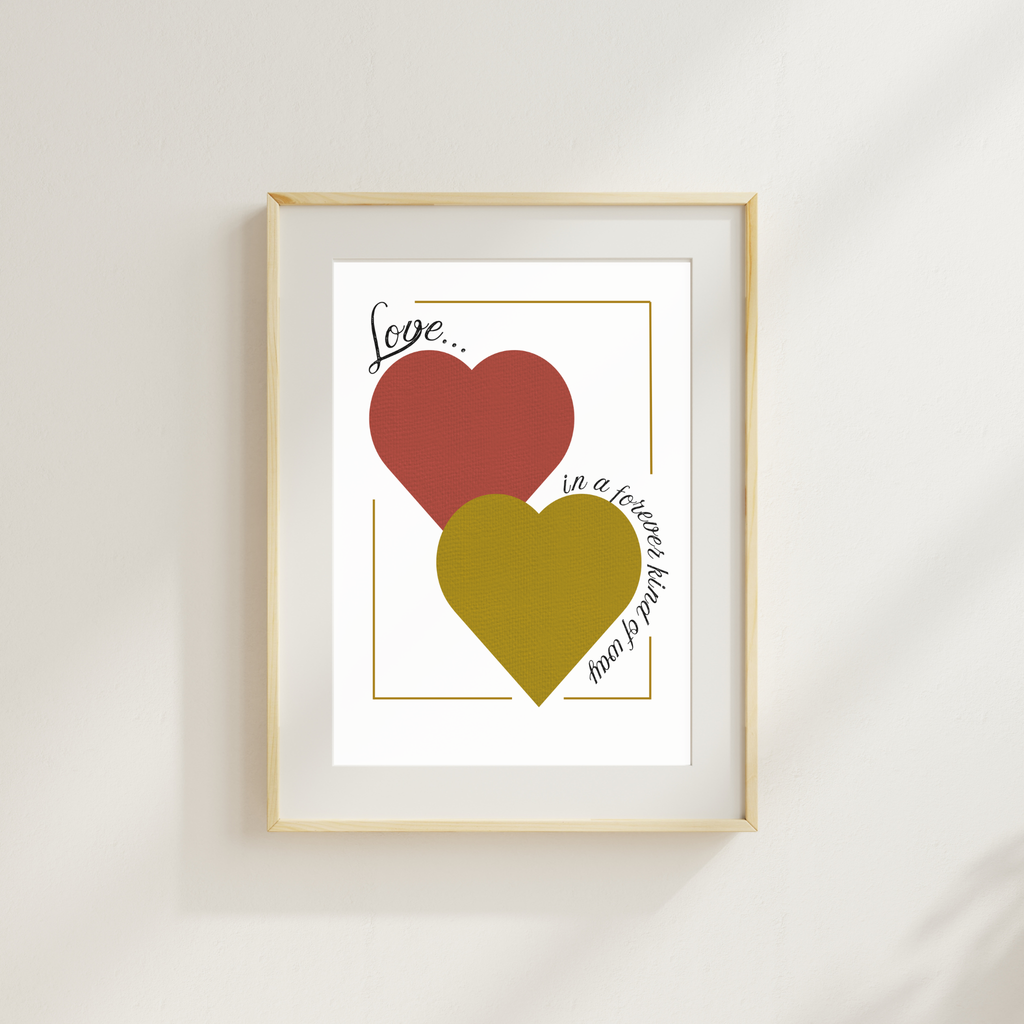 Love forever digital download wall art single framed print in red and gold with natural frame