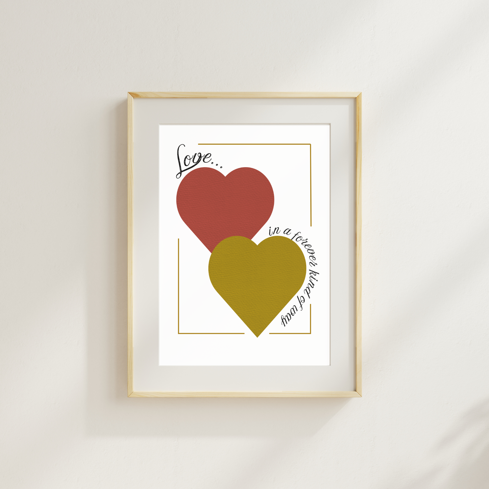 Love forever digital download wall art single framed print in red and gold with natural frame